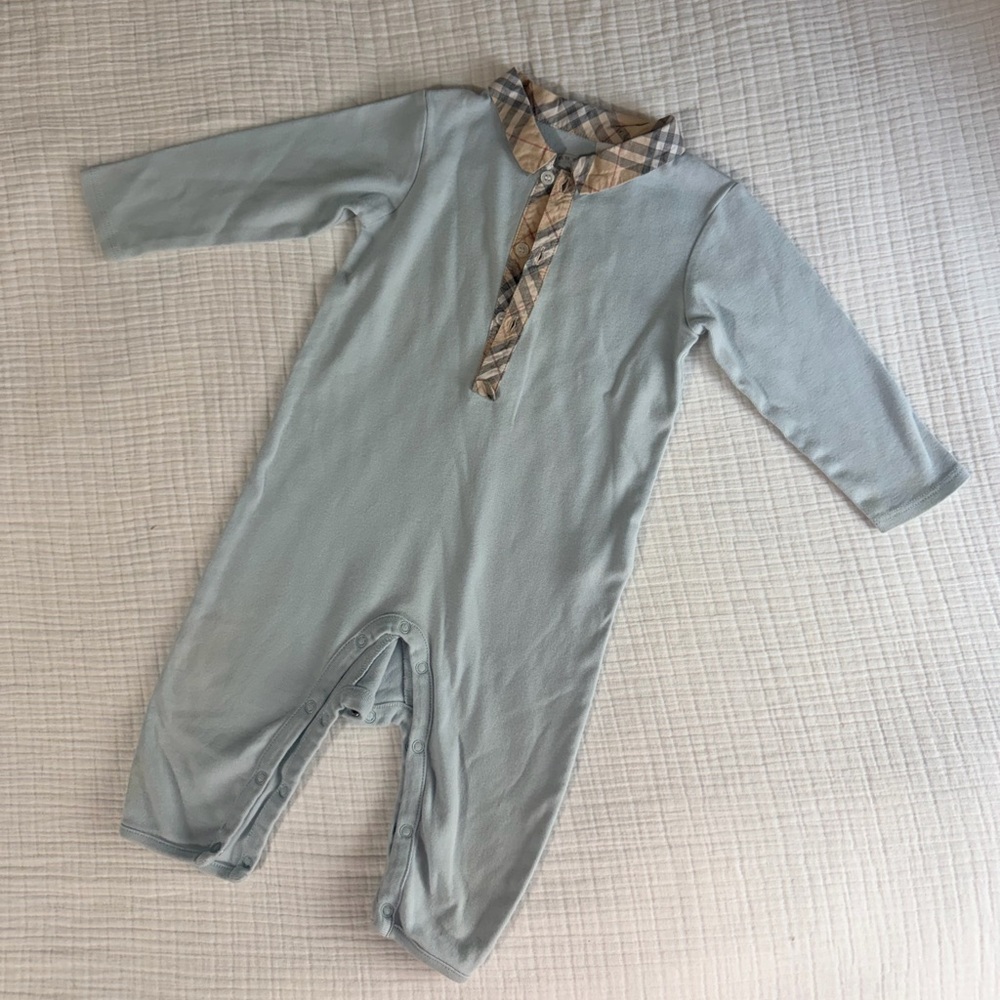 Burberry Baby Boy Blue Romper with Nova Check Trim - Size 9M